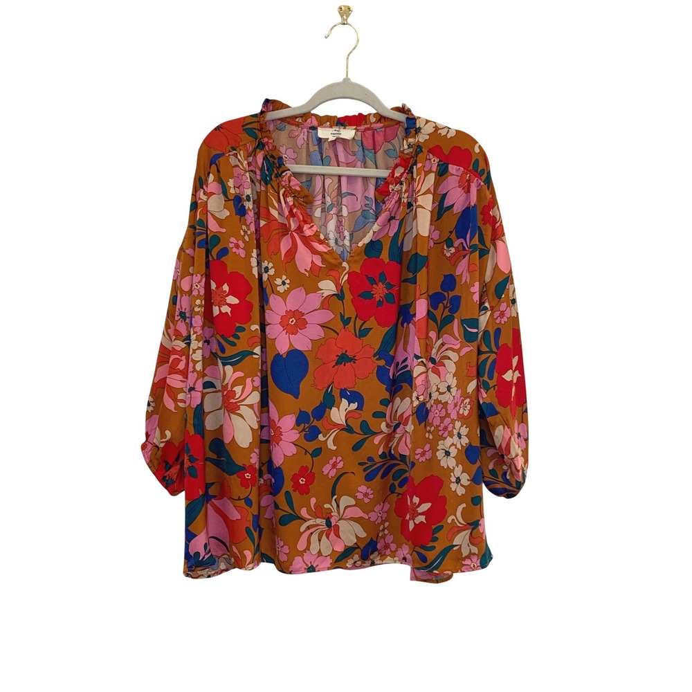 Entro Women's L Boho Floral Ruffle Neck Long Sleeve Blouse Top Multicolored